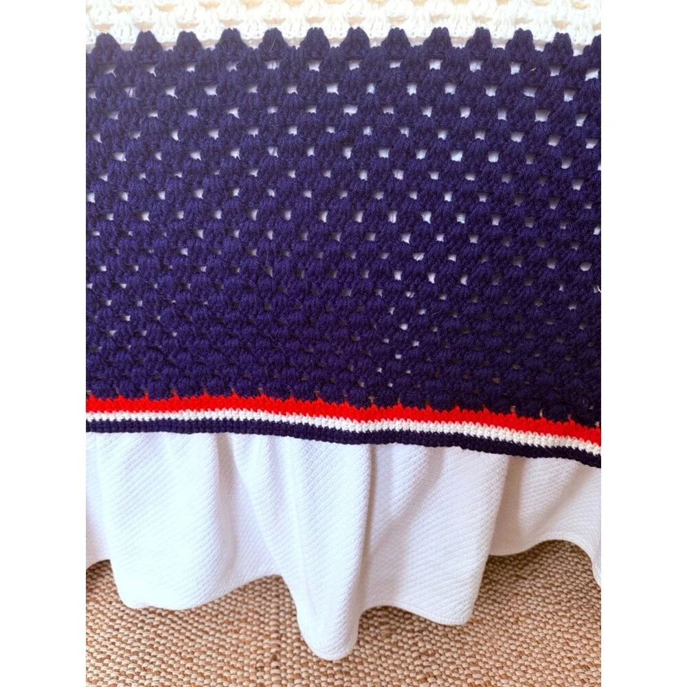 Vintage Large Crochet Afghan Blanket Throw Handmade 100” x 104” Red White & Blue